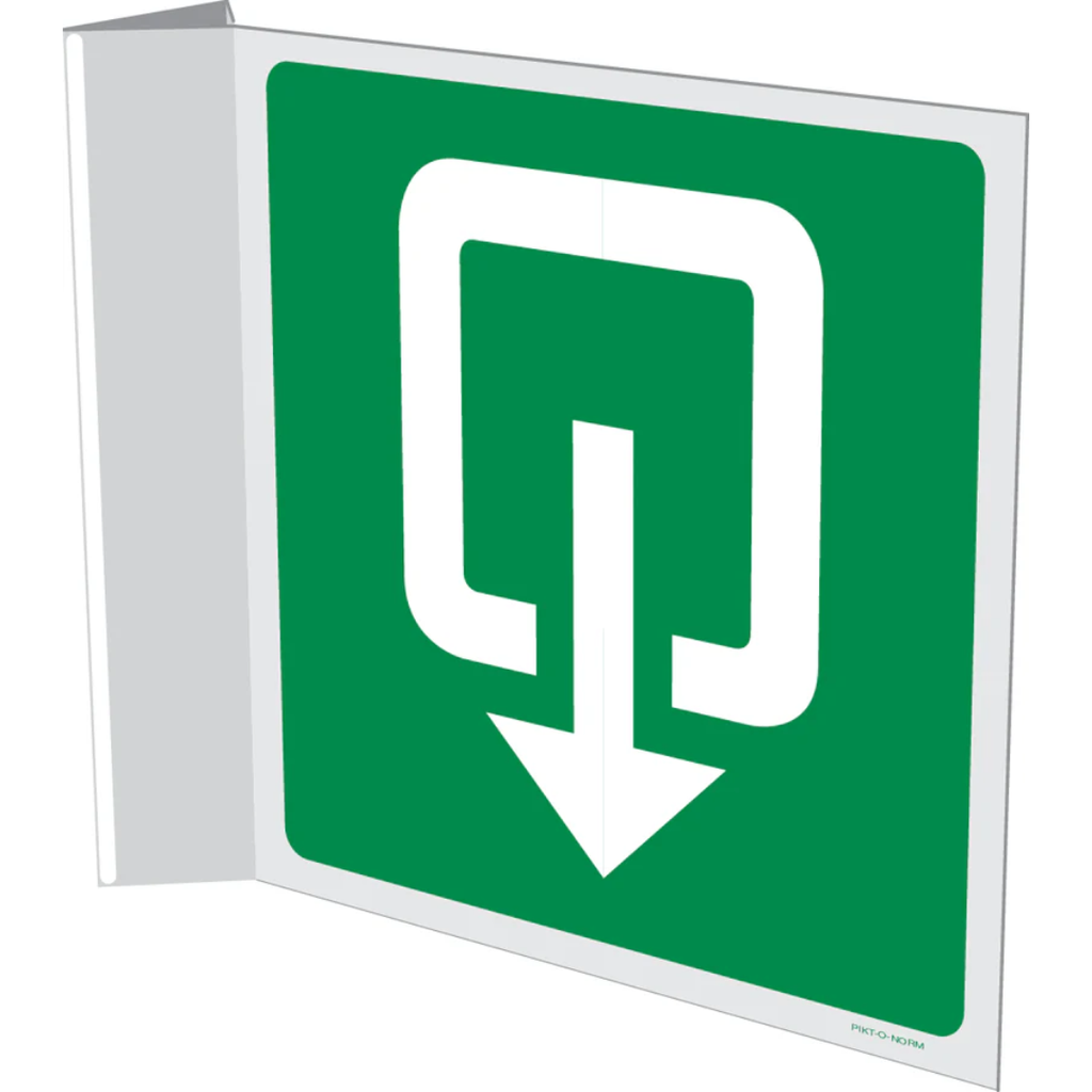 Pictogram uitgang buiten-draaiend groen wit pvc haaks gemonteerd