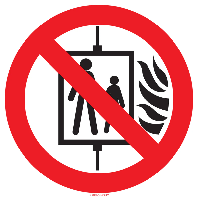 Pictogram verboden lift te gebruiken bij brand rood wit volgens ISO 7010