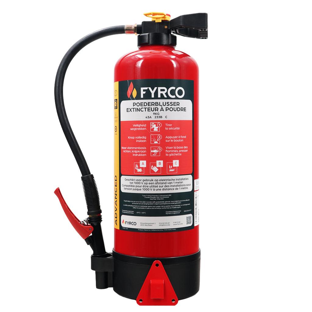Poederbrandblusser 9kg ABC met intern patroon en BENOR gekeurd inclusief muurbeugel