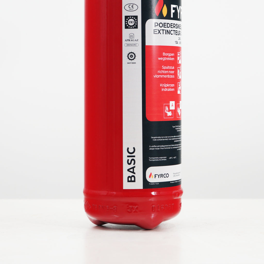 Poederbrandblusser voertuigen 2k ABC met BENOR V-label close-up onderkant