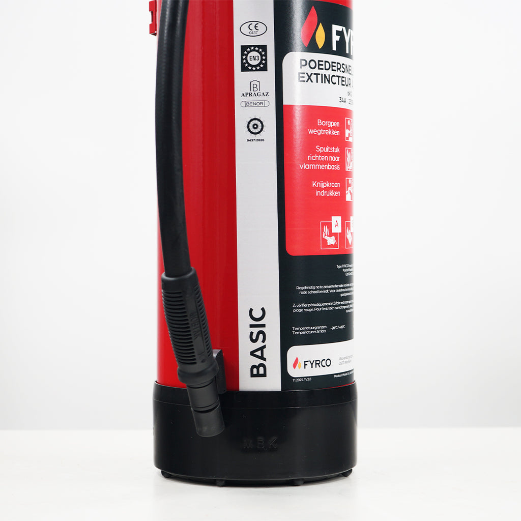 Poederbrandblusser voertuigen 6kg ABC met BENOR V-label close-up beschermvoet