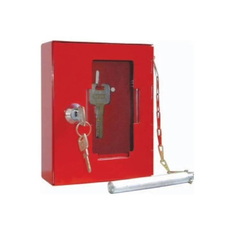 Rood metalen sleuteldoosje met breekbare glazen voorkant